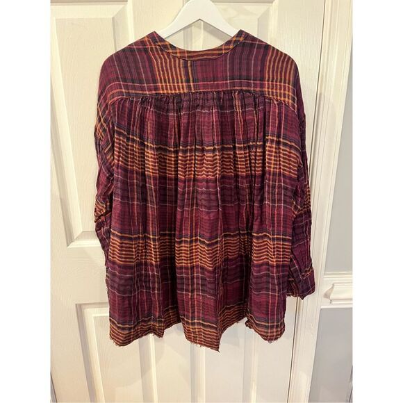 Free People Come On Over Burgundy & Gold Plaid Swing Flannel Over Sized Button D - Picture 8 of 10